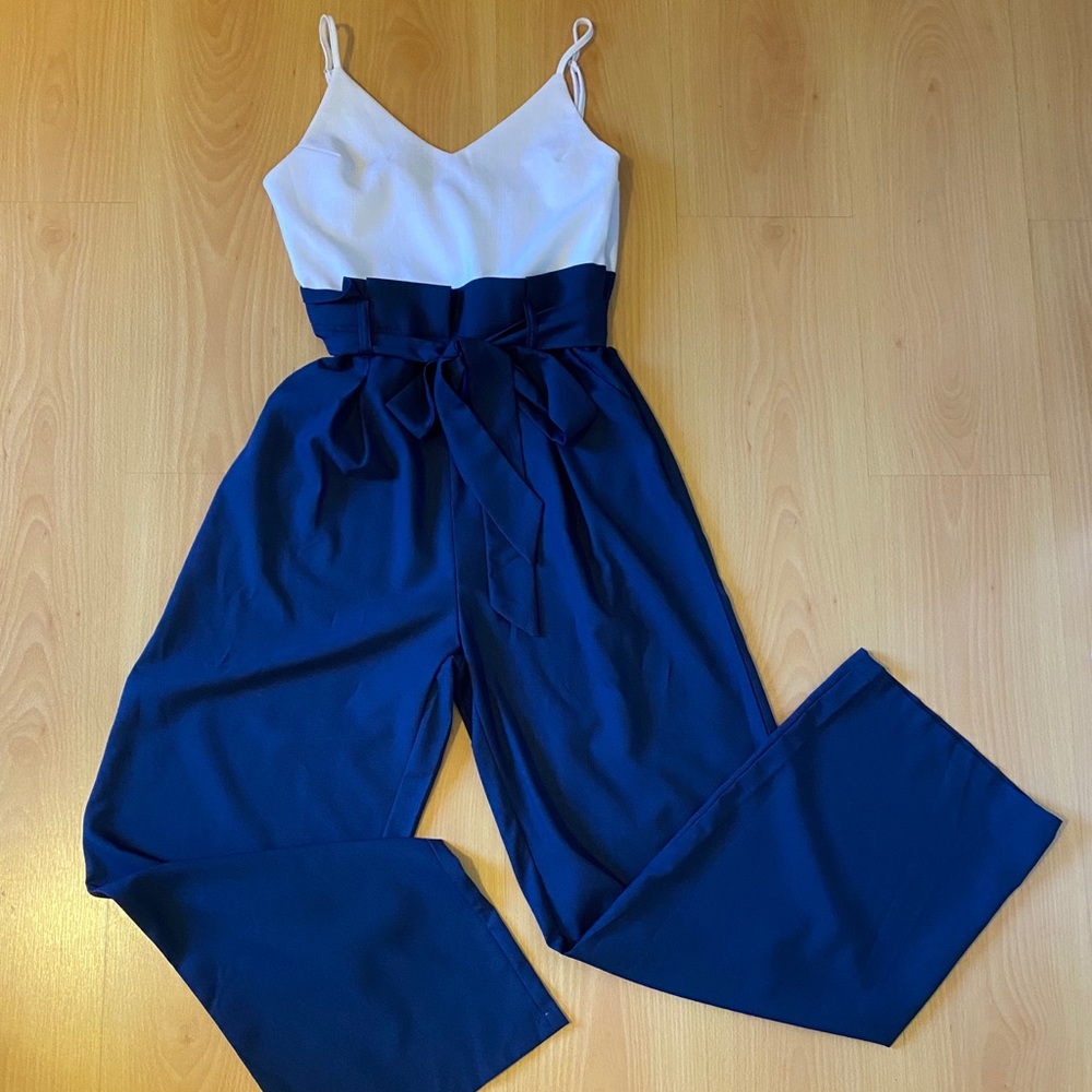 Navy and white jumpsuit